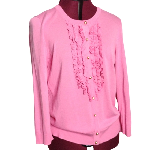 Talbots size M pink ruffle front cardigan sweater - Picture 2 of 6